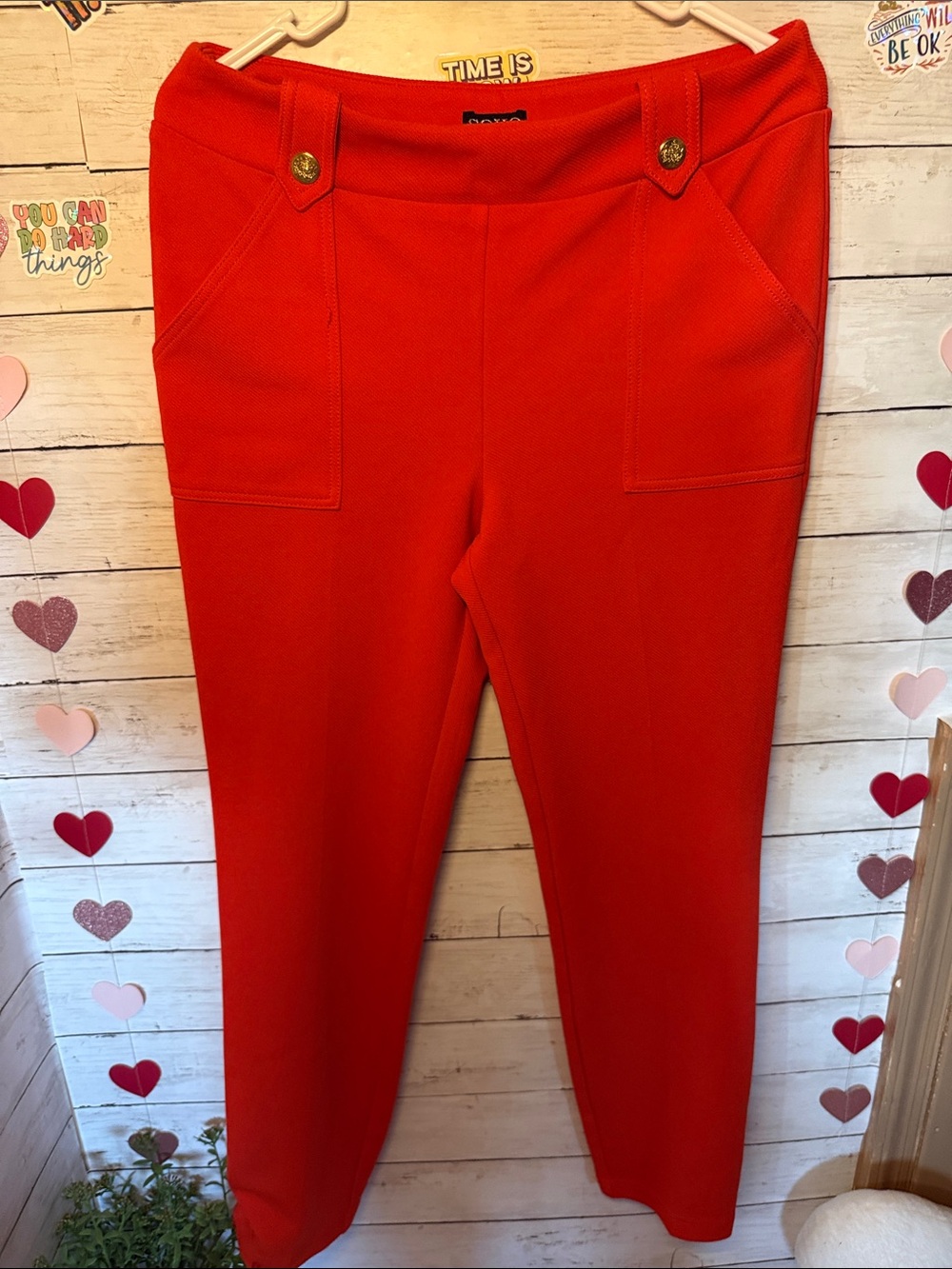 Soho Bright Red Straight-Leg Ponte Pants with Gold Buttons